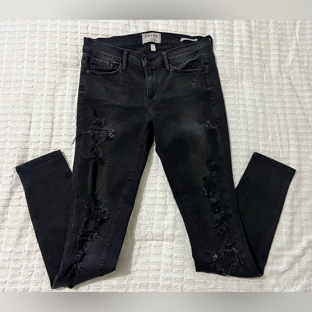 FRAME Distressed Le Skinny De Jeanne Knightrider Shred Jeans 27